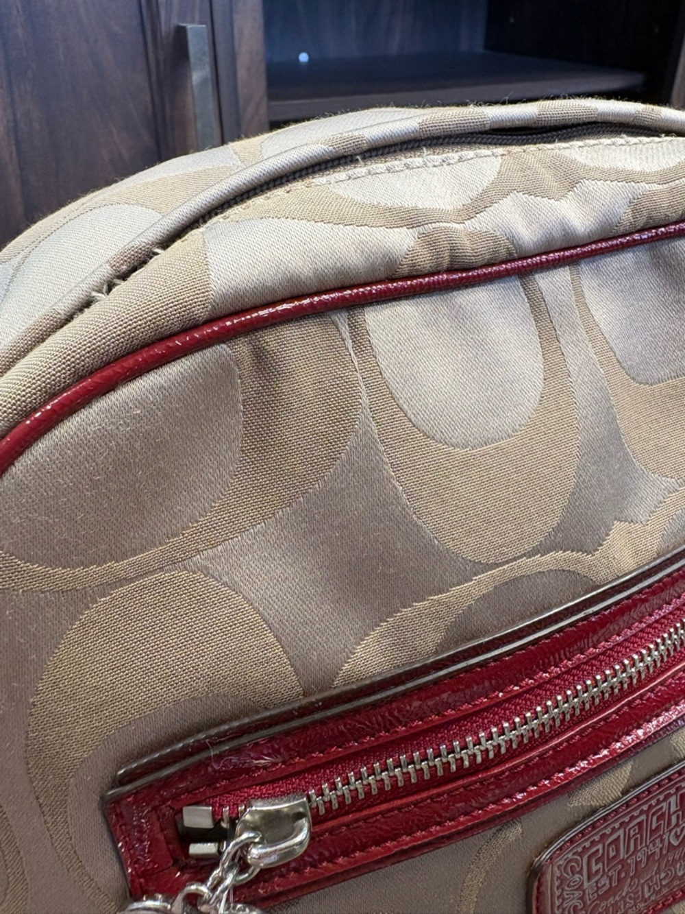 Coach Signature Backpack Tan Red Canvas Leather Trim Mini Travel Bag - Picture 3 of 5